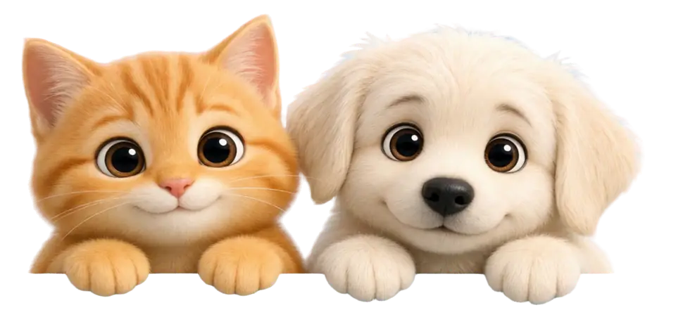 Seekor anak kucing oranye dan seekor anak anjing krem mengintip dari balik meja