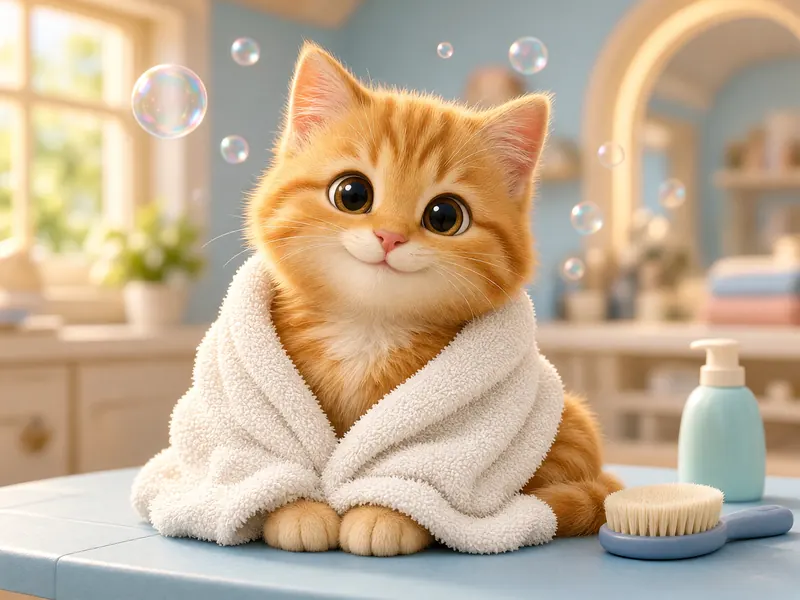 Anak kucing oranye terbungkus handuk putih setelah mandi