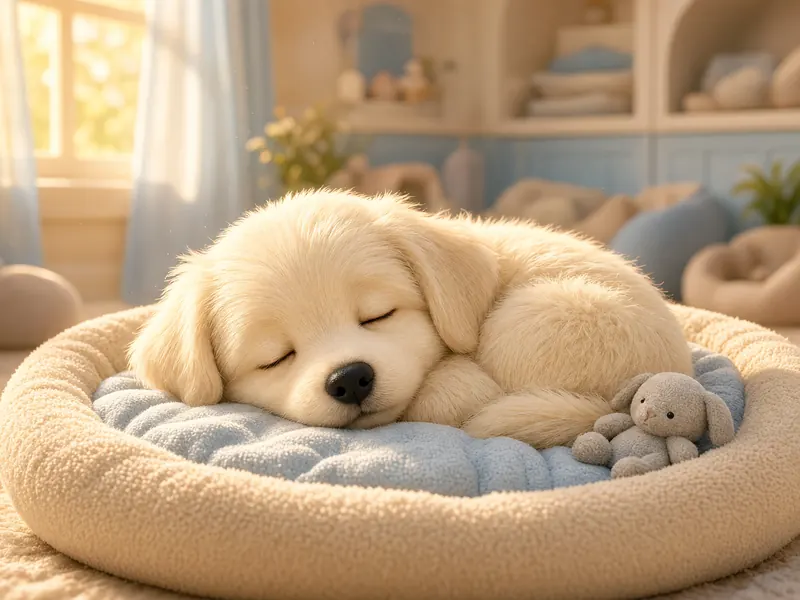 Anak anjing krem tidur nyenyak di kasur bundar