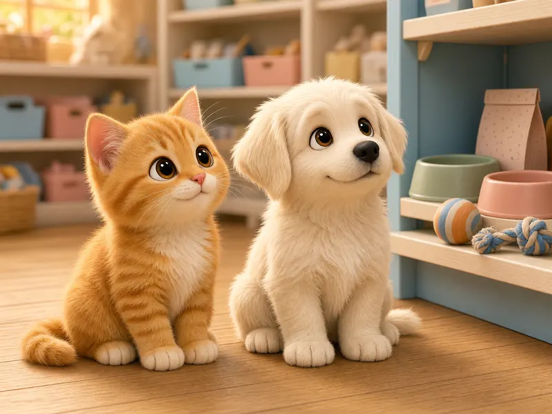 Anak kucing dan anak anjing duduk di depan rak makanan dan mainan